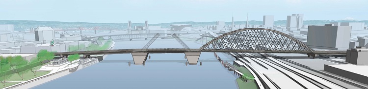 伯恩赛德大桥的改进提案展示了波特兰东部和西部的可移动跨度选项，并可以鸟瞰城市和威拉米特河。 摩特诺玛县正在考虑选择桥跨类型——西引桥、中间可动跨和东引桥。 反馈显示对中间的活动跨度有很大的支持，对东部的绑拱和索支撑选项的支持大致相同。